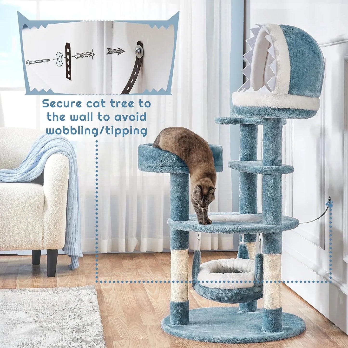 45.5-Inch Ocean-Themed Cat Tree – Multi-Level Plush Cat Tower with Shark Mouth Nest & Sea Star Accents for Indoor Cats.