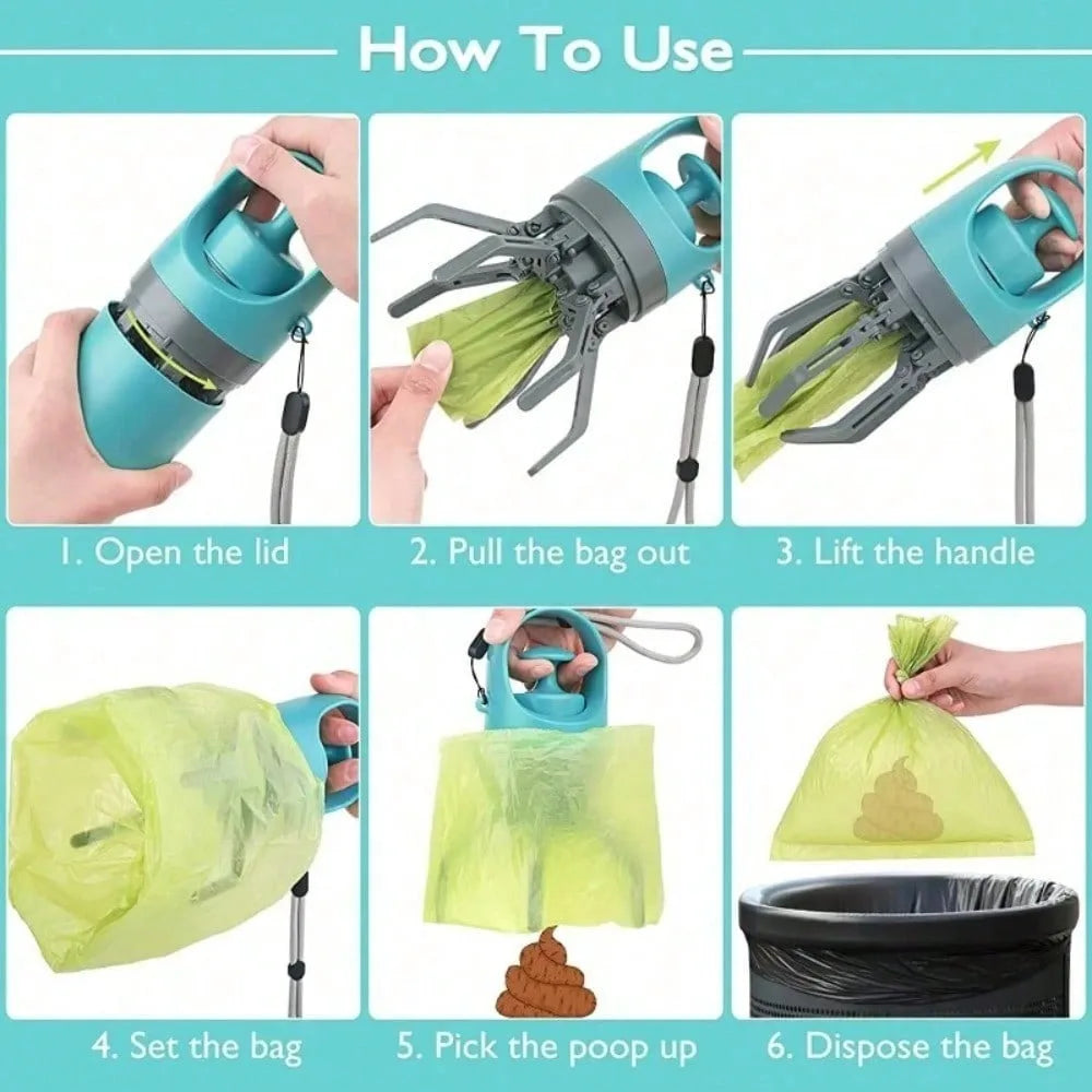 Portable Dog Pooper Scooper – No-Touch Claw Pickup Tool with Waste Bag Holder, Easy One-Hand Outdoor Pet Cleanup Accessory.