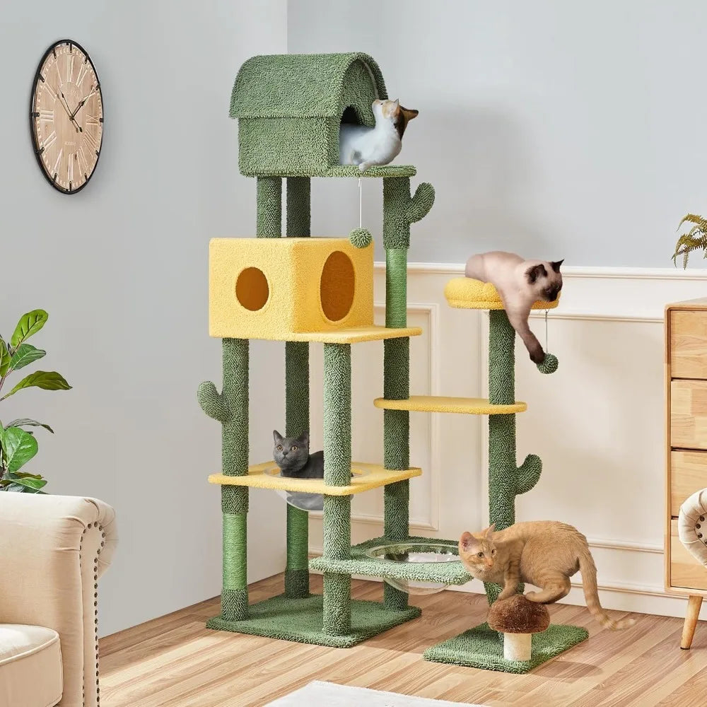 68.5-Inch Tall Cactus Cat Tree – Multi-Level Cat Tower with 2 Large Condos, Scratching Posts, Acrylic Clear Bowls & Mushroom Perch.