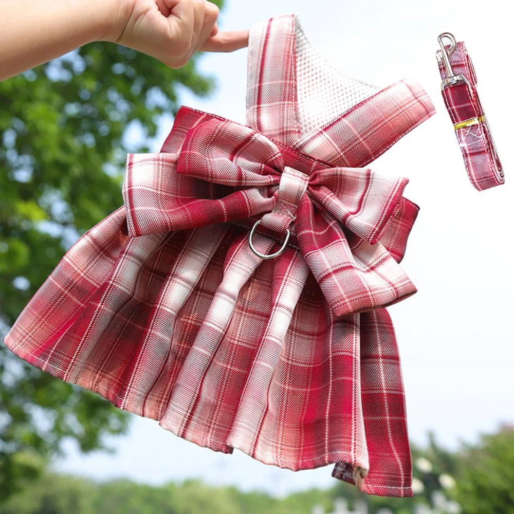 Reusable Plaid Pet Harness Dress – Adjustable Washable Dog Skirt with Leash Attachment, Lightweight Bowknot Design.