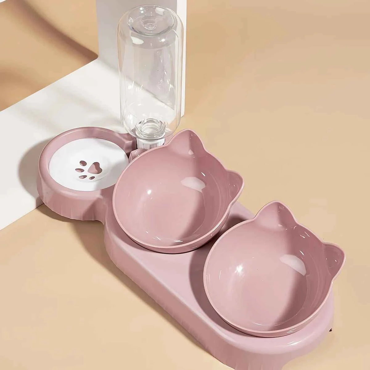 3-in-1 Tilted Pet Bowl Set – Cat Food & Water Feeder with Gravity Water Bottle, Ear-Shaped Design for Comfortable Neck Protection.