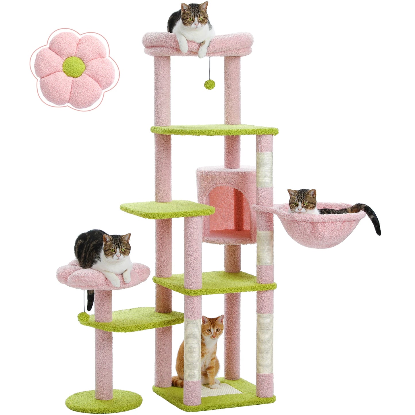 Multi-Level Cat Tree Tower – Tall Indoor Cat Condo with Scratching Posts, Hammock, Large Perches & Hanging Ball Toys for Cats.