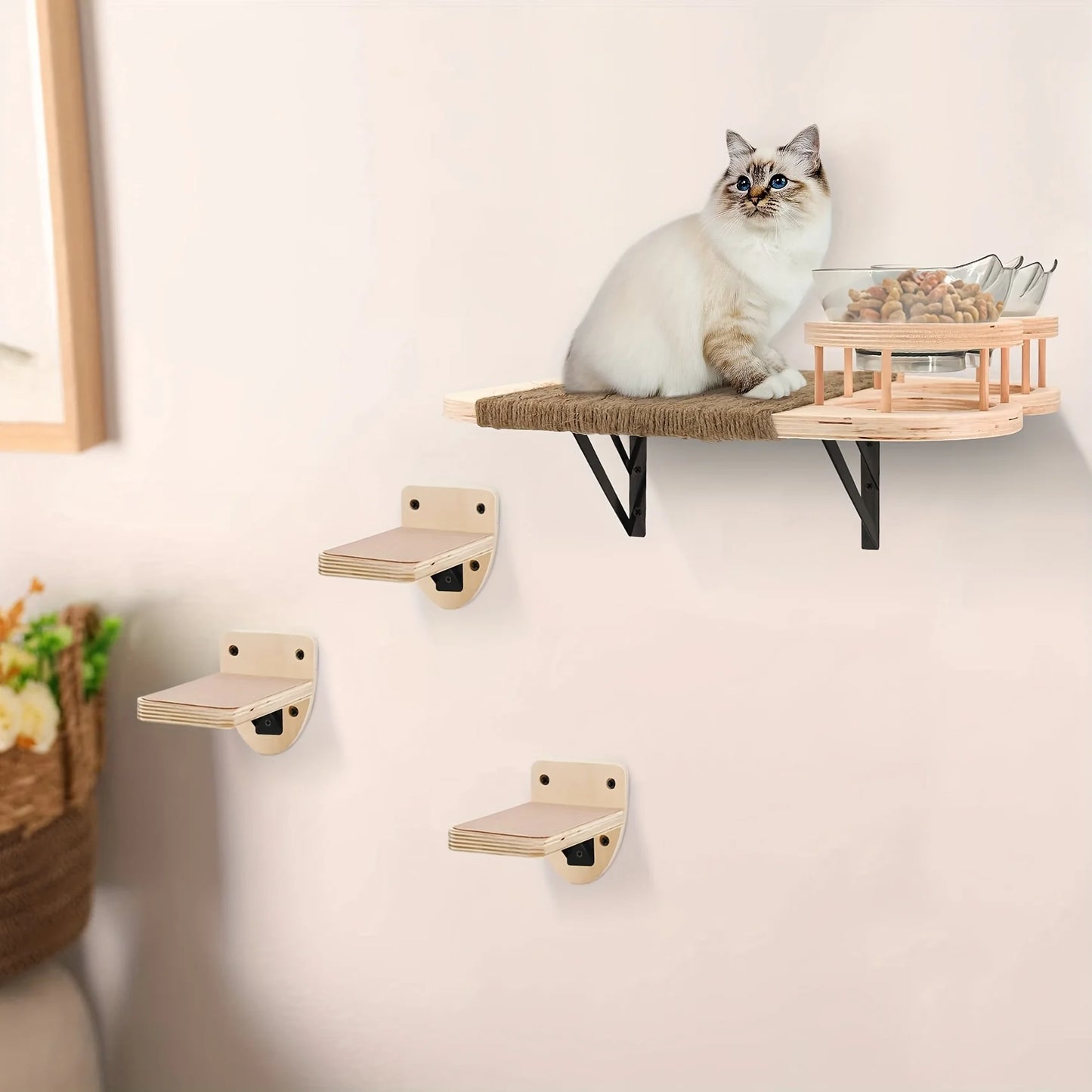 Cat Wall Shelves Set – 3-Step Climbing Shelves with Cat Hammock, Perches, Plush Cove & Dual Food Shelves for Indoor Cats.