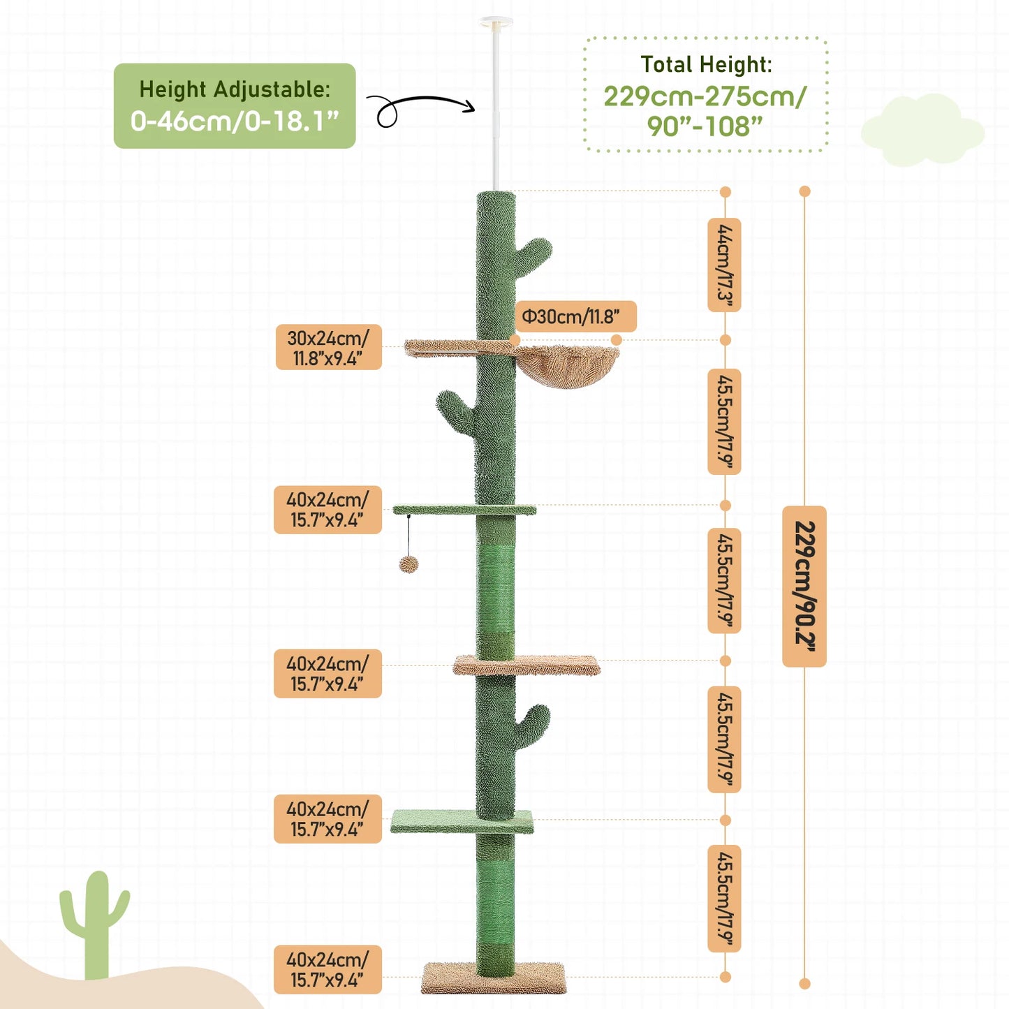5-Tier Floor-to-Ceiling Cat Tree – Cactus-Themed Tall Cat Tower with Scratching Posts, Hammock & Dangling Ball for Indoor Cats.