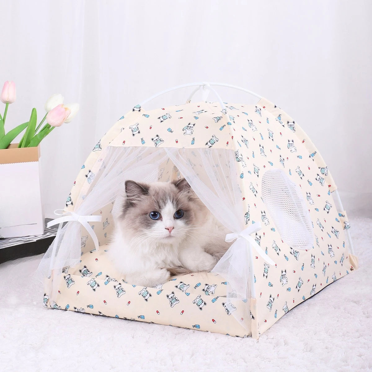 Summer Foldable Semi-Enclosed Pet Tent Bed with Breathable Design for Cats and Small Dogs.