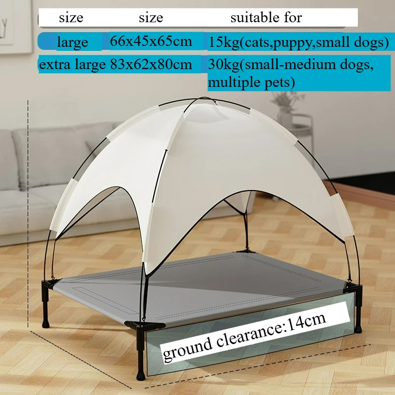 Summer Elevated Pet Tent Bed with Sunshade, Foldable Outdoor Camping Shelter for Dogs and Cats.