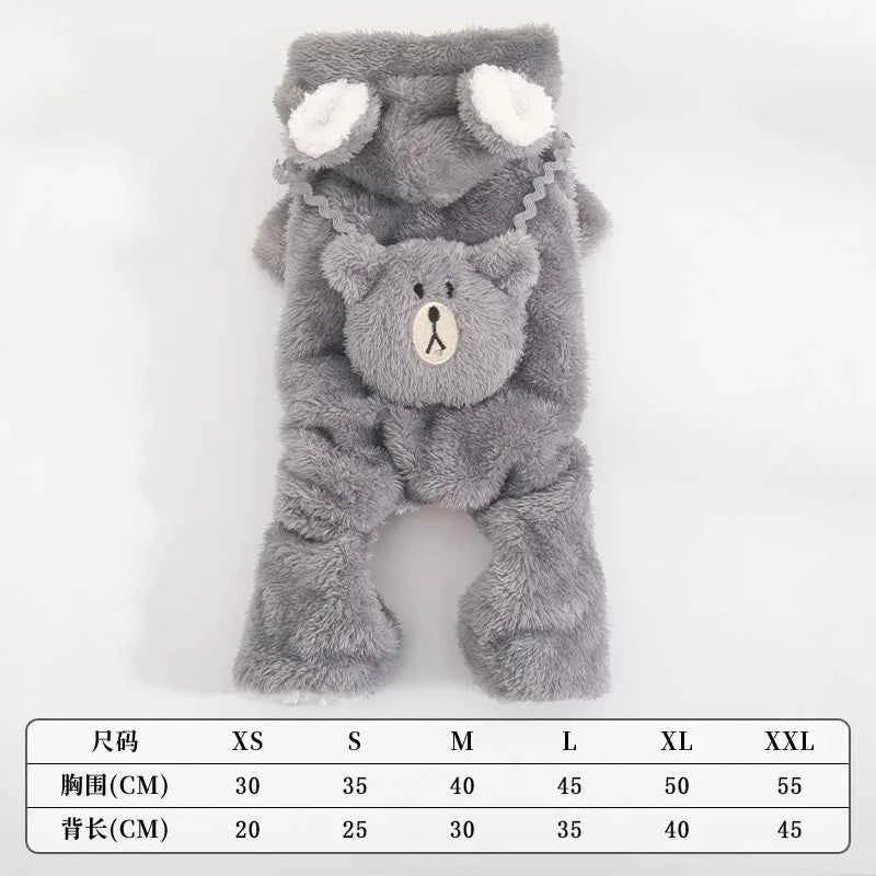 Cute Thickened Fleece Dog Jumpsuit – Warm Autumn & Winter Four-Leg Bear Costume for Small Dogs.