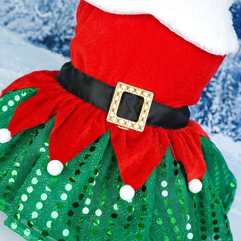 Christmas Dog Dress – Santa Print Holiday Gown with Green Sequin Skirt & Black Waist Belt for Yorkies, Chihuahuas & Small Dogs.