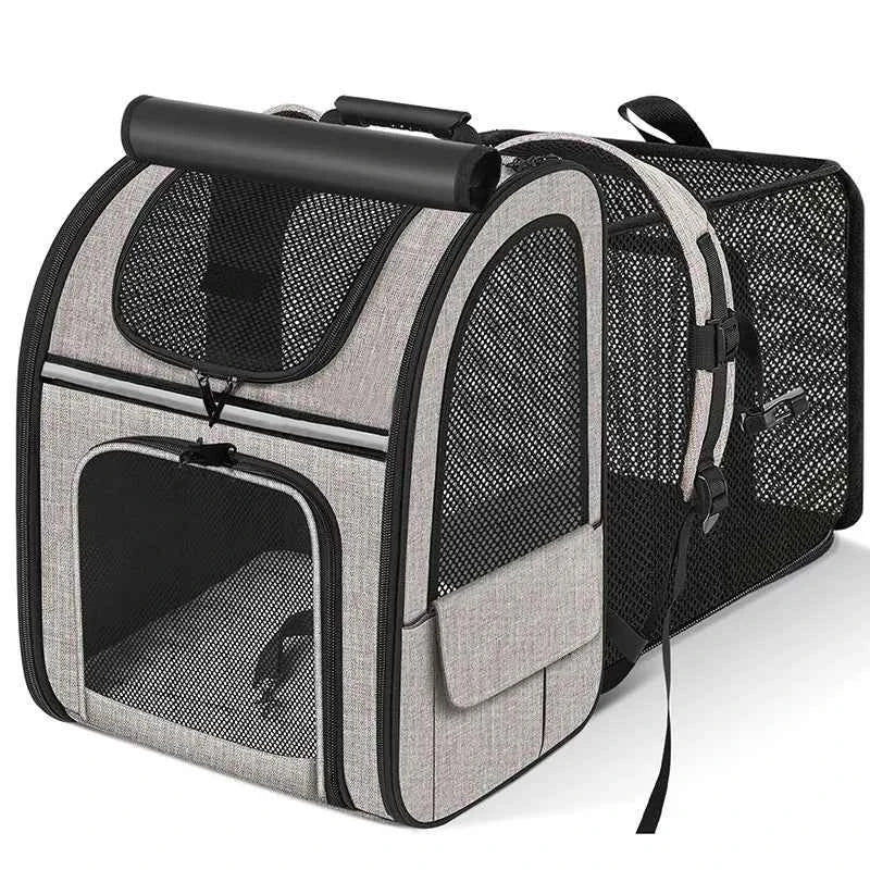 Expandable Cat Carrier Backpack – Breathable Mesh Pet Travel Bag with Shade Cover for Hiking, Camping & Outdoor Adventures.