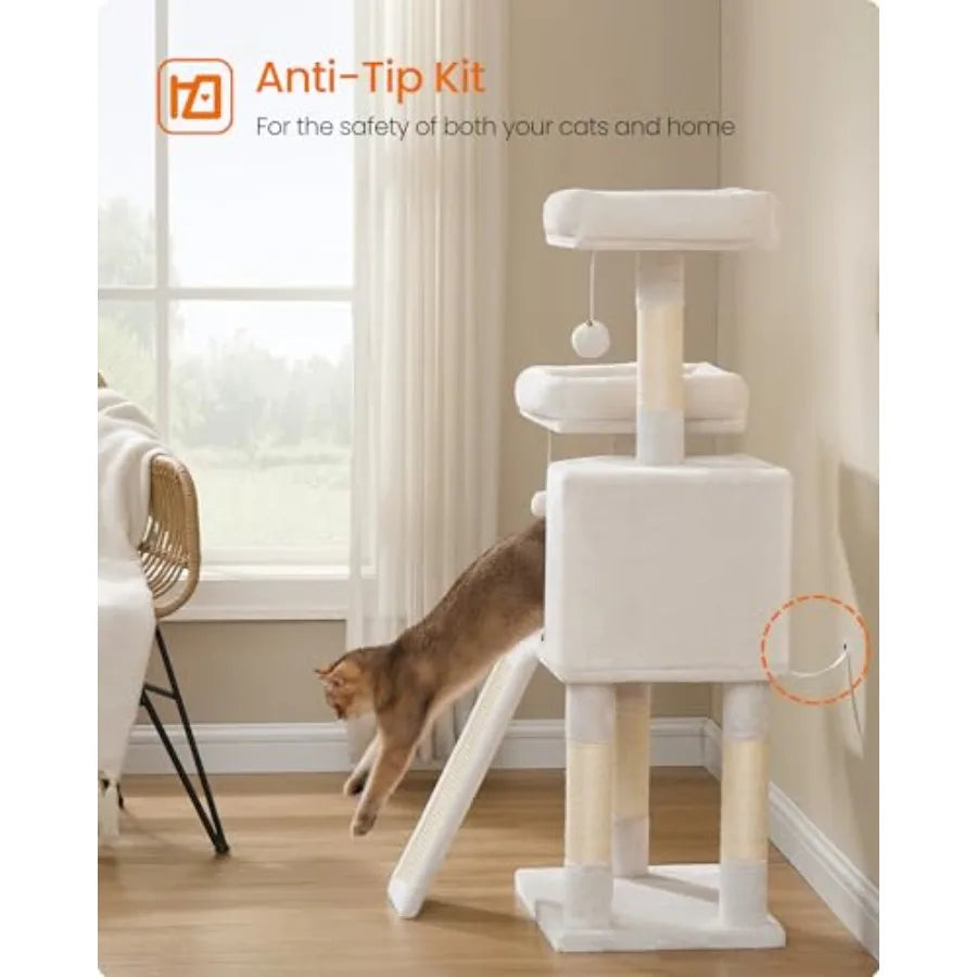 45.3-Inch Cat Tree Tower – Plush Cat Condo with Scratching Posts, Ramp, Perch & Spacious Cave for Indoor Cats, Cream White.