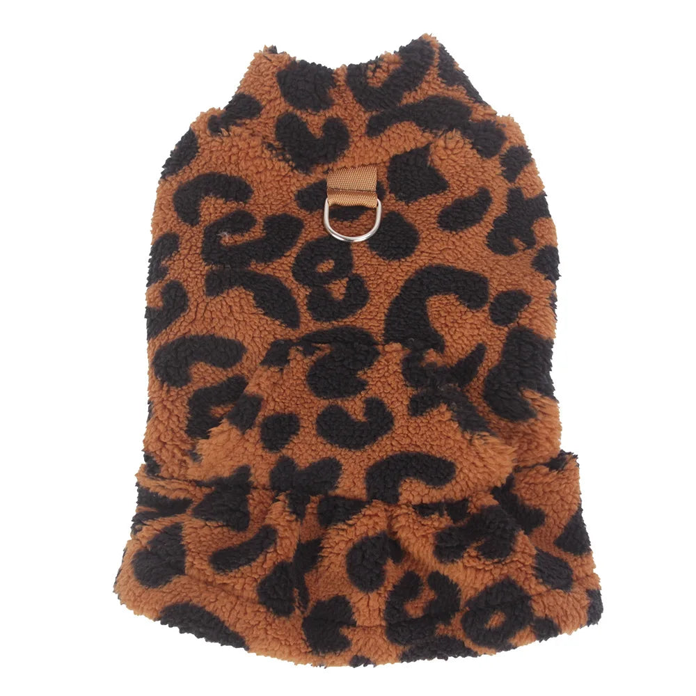 Leopard Dog Dress Coat – Winter Fleece Pullover Hoodie Vest for Small Dogs, Sleeveless Puppy Sweatshirt with Skirt Design.