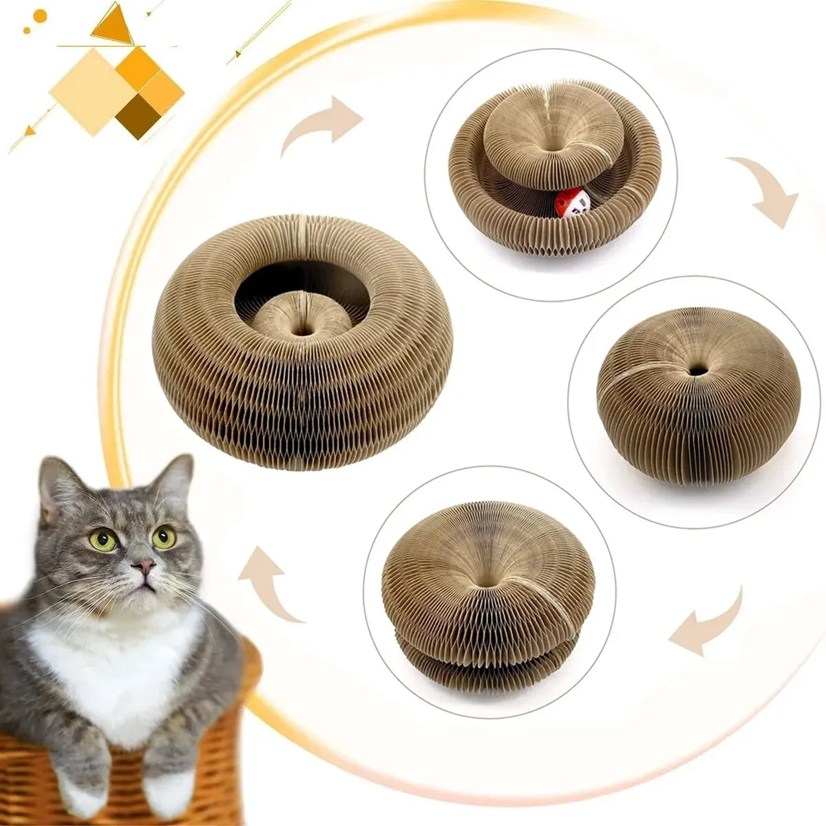 Magic Cat Scratching Board Toy – Round Corrugated Cat Scratcher with Ball Track for Claw Grinding, Play & Kitten Exercise.