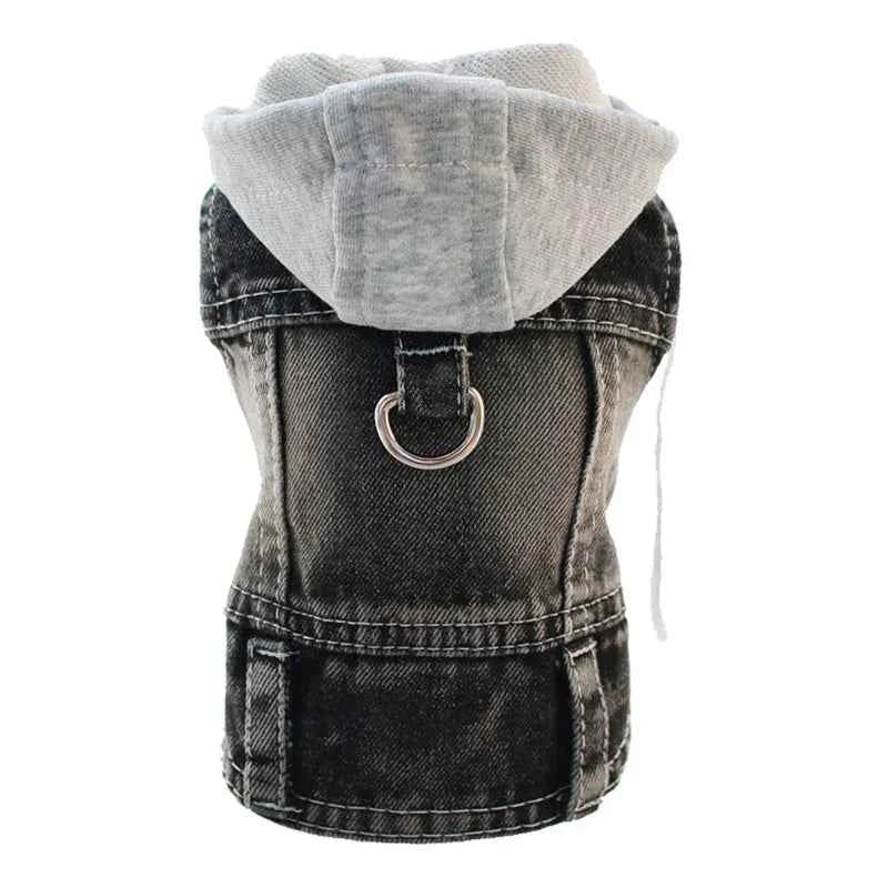 Cool Denim Dog Jacket Vest – Hoodie Style with D-Ring Harness for Small & Medium Dogs & Cats, Spring Walking Coat for Puppies.