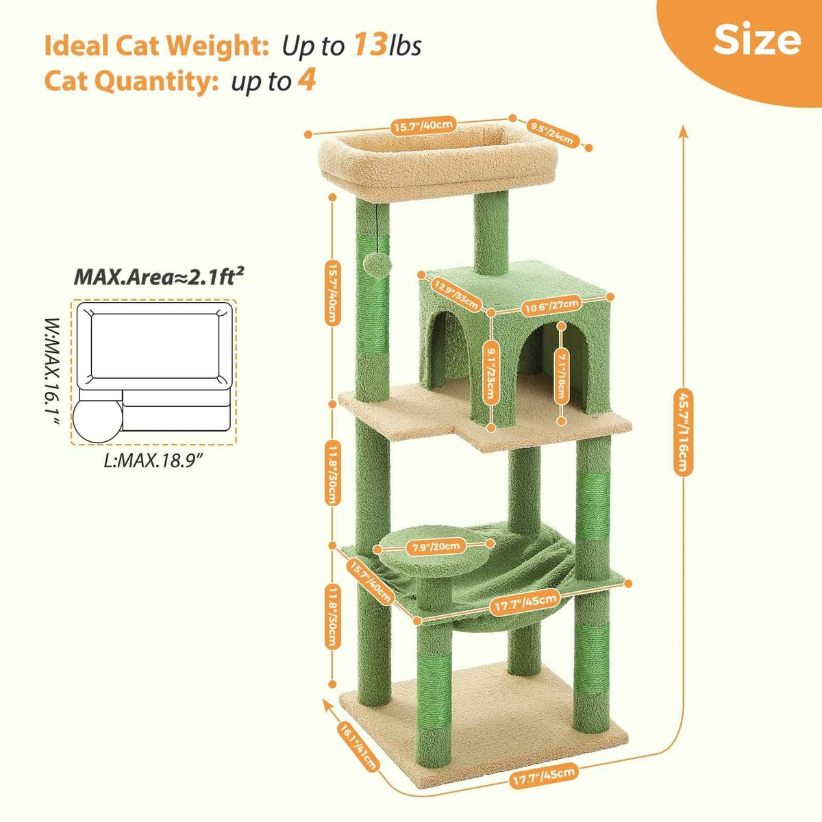 Cactus Cat Tree Tower – Large Indoor Cat Furniture with Metal Plush Hammock, 2-Door Condo House & Spacious Top Perch for Cats.