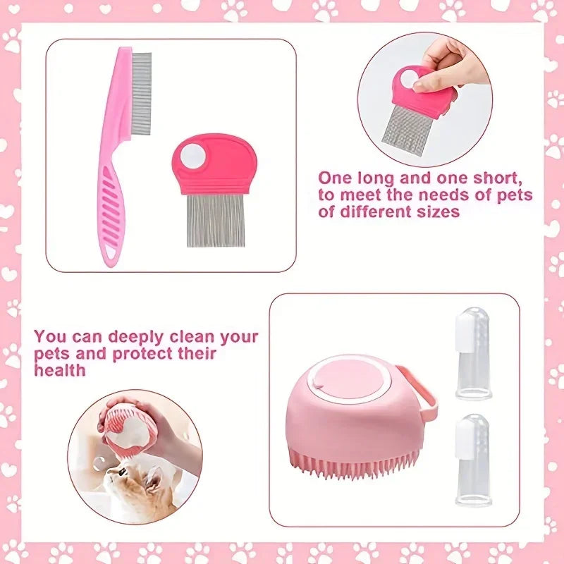 8-Piece Cat Grooming Kit – Self-Cleaning Brush Set with Nail Clippers, Files, Flea Comb & Bath Brush for Shedding Control & Pet Care.