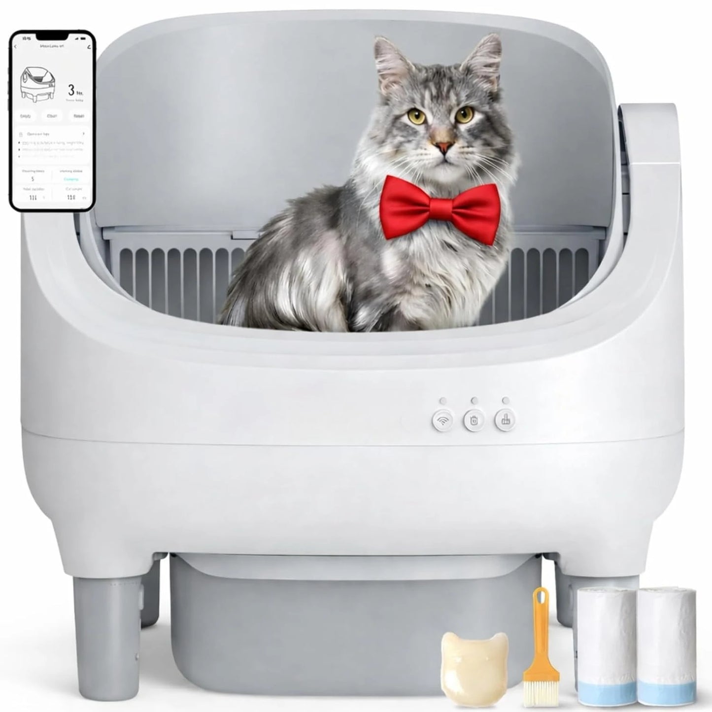 Automatic Self-Cleaning Cat Litter Box – App-Controlled Open-Top Design with Safety Sensors and Customizable Features.