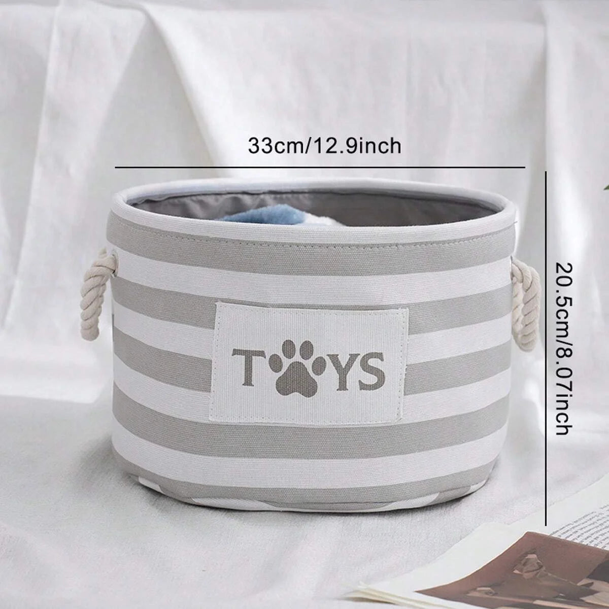 Foldable Striped Pet Toy Storage Basket with Woven Rope Handles