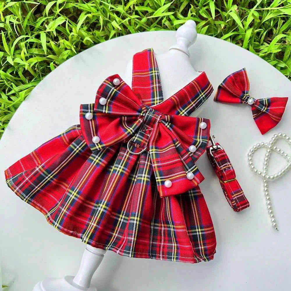 Princess Dog Dress with Bow & Pearl Belt – Cute Checkered Spring & Summer Outfit for Small Girl Dogs, Perfect for Birthdays & Special Occasions.