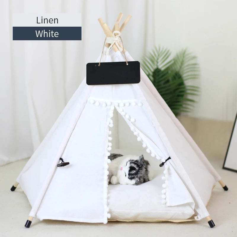 Portable Pet Teepee Tent Bed with Washable Cushion for Cats, Puppies, and Small Dogs.