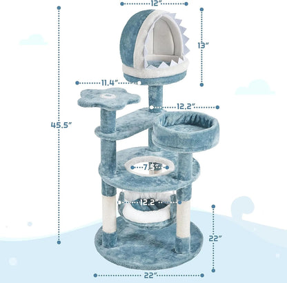 45.5-Inch Ocean-Themed Cat Tree – Multi-Level Plush Cat Tower with Shark Mouth Nest & Sea Star Accents for Indoor Cats.