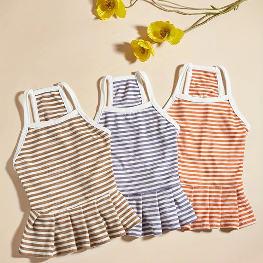 Striped Pet Dress – Ruffled Hem Summer Princess Outfit for Cats & Small to Medium Dogs, Cute Costume for Daily Wear & Parties.