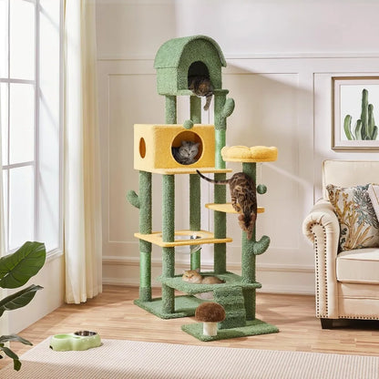 68.5-Inch Tall Cactus Cat Tree – Multi-Level Cat Tower with 2 Large Condos, Scratching Posts, Acrylic Clear Bowls & Mushroom Perch.