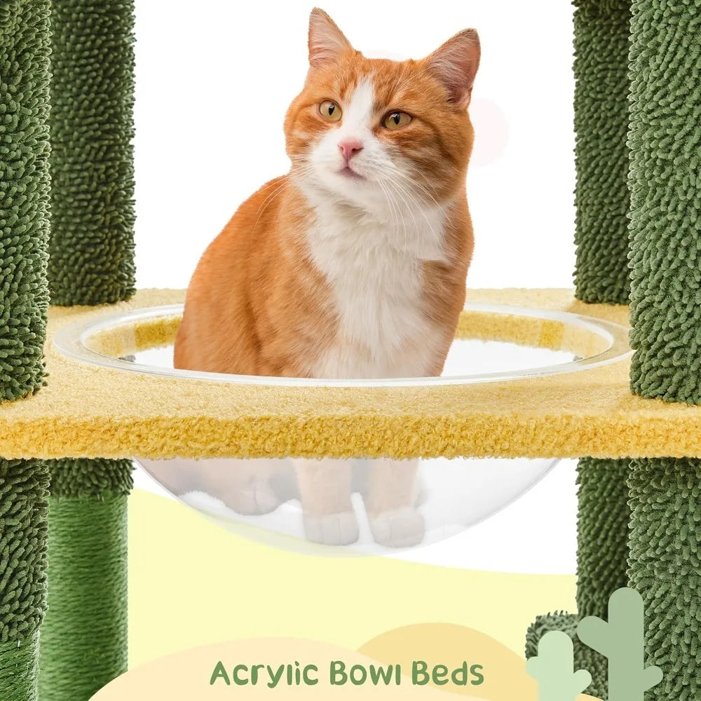 68.5-Inch Tall Cactus Cat Tree – Multi-Level Cat Tower with 2 Large Condos, Scratching Posts, Acrylic Clear Bowls & Mushroom Perch.
