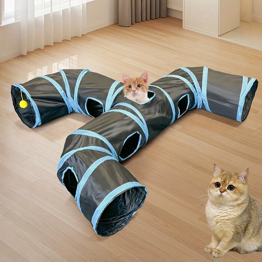Extended 3-Way Cat Tunnel Toy – New Design Black Pet Play Tunnel with Rolling Dragon Ball for Interactive Indoor Cat Fun.