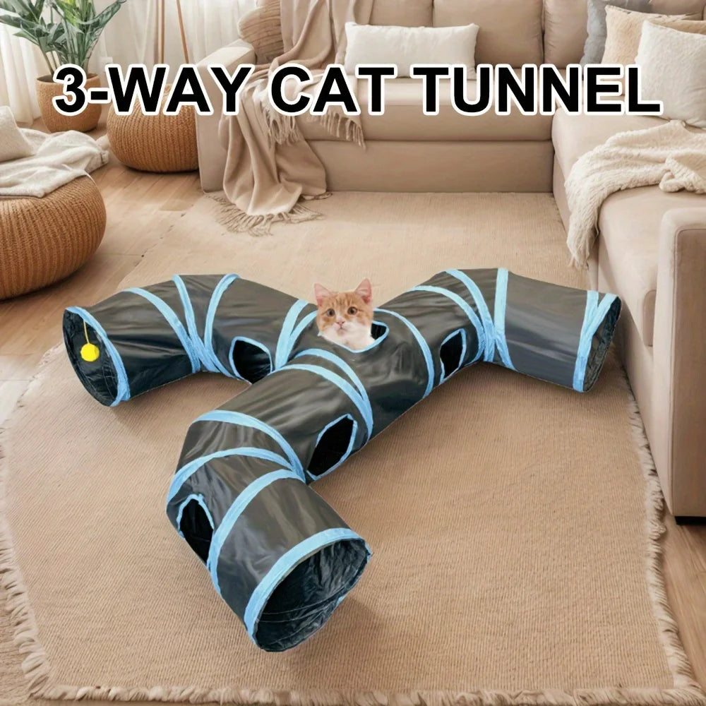 Extended 3-Way Cat Tunnel Toy – New Design Black Pet Play Tunnel with Rolling Dragon Ball for Interactive Indoor Cat Fun.