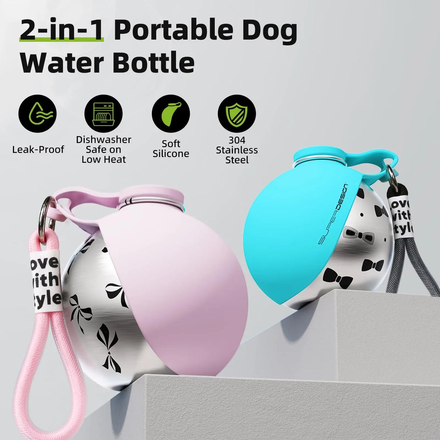 2-in-1 Portable Dog Water Bottle for Small Dogs – Leak-Proof Compact Travel Water Dispenser with Stainless Steel Bottle & Silicone Bowl.