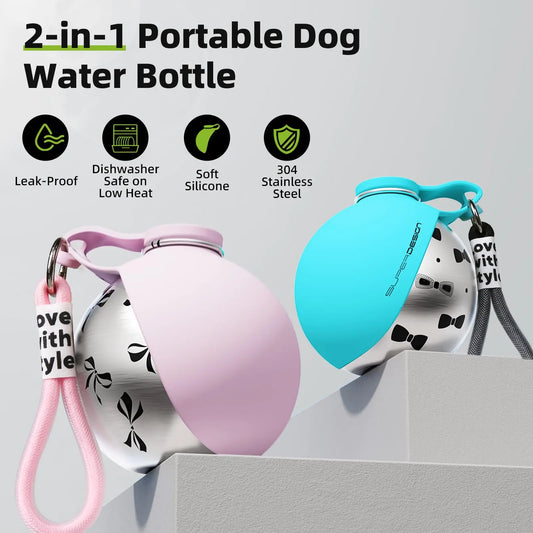 2-in-1 Portable Dog Water Bottle for Small Dogs – Leak-Proof Compact Travel Water Dispenser with Stainless Steel Bottle & Silicone Bowl.