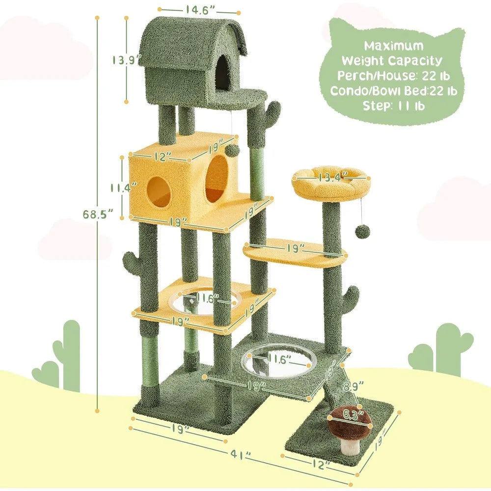 68.5-Inch Tall Cactus Cat Tree – Multi-Level Cat Tower with 2 Large Condos, Scratching Posts, Acrylic Clear Bowls & Mushroom Perch.
