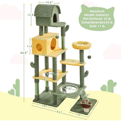 68.5-Inch Tall Cactus Cat Tree – Multi-Level Cat Tower with 2 Large Condos, Scratching Posts, Acrylic Clear Bowls & Mushroom Perch.