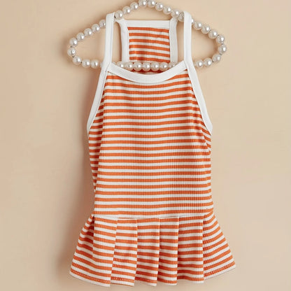 Striped Pet Dress – Ruffled Hem Summer Princess Outfit for Cats & Small to Medium Dogs, Cute Costume for Daily Wear & Parties.