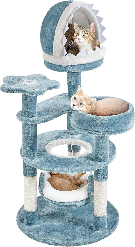 45.5-Inch Ocean-Themed Cat Tree – Multi-Level Plush Cat Tower with Shark Mouth Nest & Sea Star Accents for Indoor Cats.