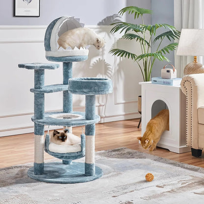 45.5-Inch Ocean-Themed Cat Tree – Multi-Level Plush Cat Tower with Shark Mouth Nest & Sea Star Accents for Indoor Cats.