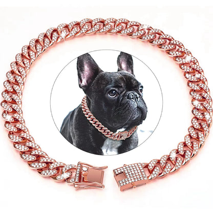 Diamond Cuban Link Pet Collar – Stylish Metal Chain Walking Collar with Secure Buckle for Dogs & Cats, Luxury Jewelry Accessory.
