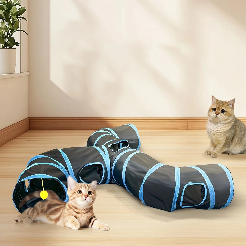 Extended 3-Way Cat Tunnel Toy – New Design Black Pet Play Tunnel with Rolling Dragon Ball for Interactive Indoor Cat Fun.