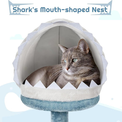 45.5-Inch Ocean-Themed Cat Tree – Multi-Level Plush Cat Tower with Shark Mouth Nest & Sea Star Accents for Indoor Cats.