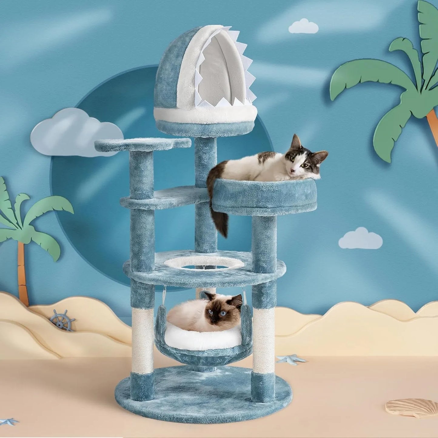 45.5-Inch Ocean-Themed Cat Tree – Multi-Level Plush Cat Tower with Shark Mouth Nest & Sea Star Accents for Indoor Cats.