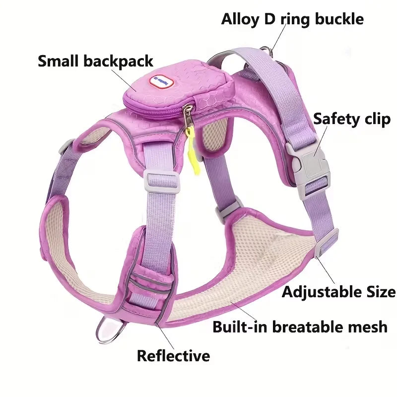 Dog Harness with Backpack Attachment - Breathable Comfort Fit, No-Pull Design, Reinforced Chest D-Ring & Reflective Safety
