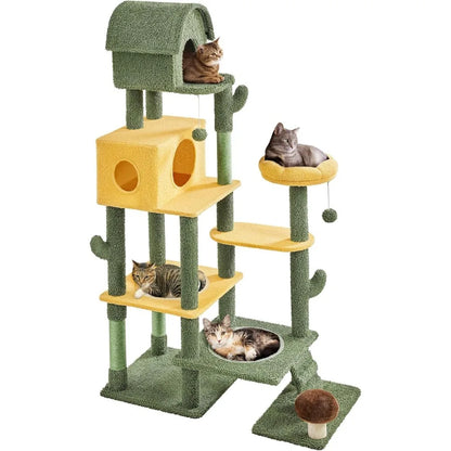 68.5-Inch Tall Cactus Cat Tree – Multi-Level Cat Tower with 2 Large Condos, Scratching Posts, Acrylic Clear Bowls & Mushroom Perch.