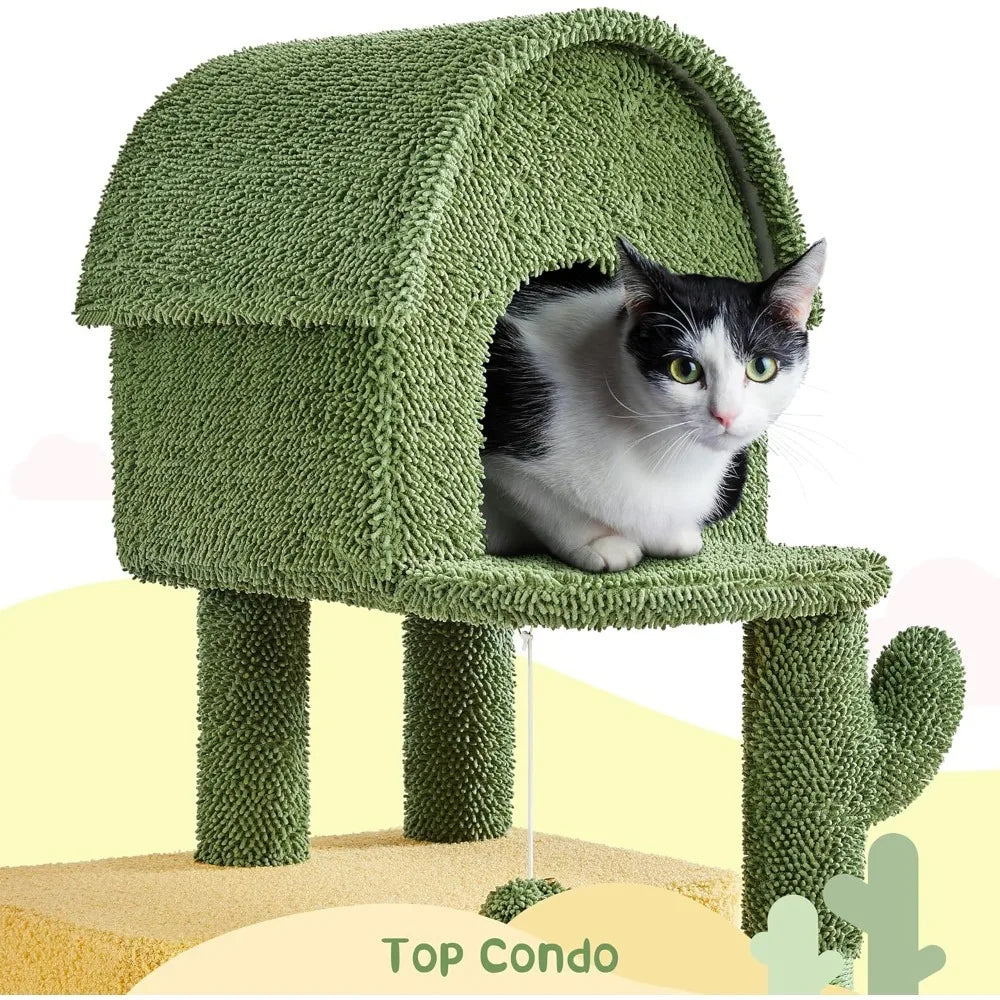 68.5-Inch Tall Cactus Cat Tree – Multi-Level Cat Tower with 2 Large Condos, Scratching Posts, Acrylic Clear Bowls & Mushroom Perch.