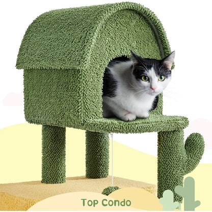 68.5-Inch Tall Cactus Cat Tree – Multi-Level Cat Tower with 2 Large Condos, Scratching Posts, Acrylic Clear Bowls & Mushroom Perch.