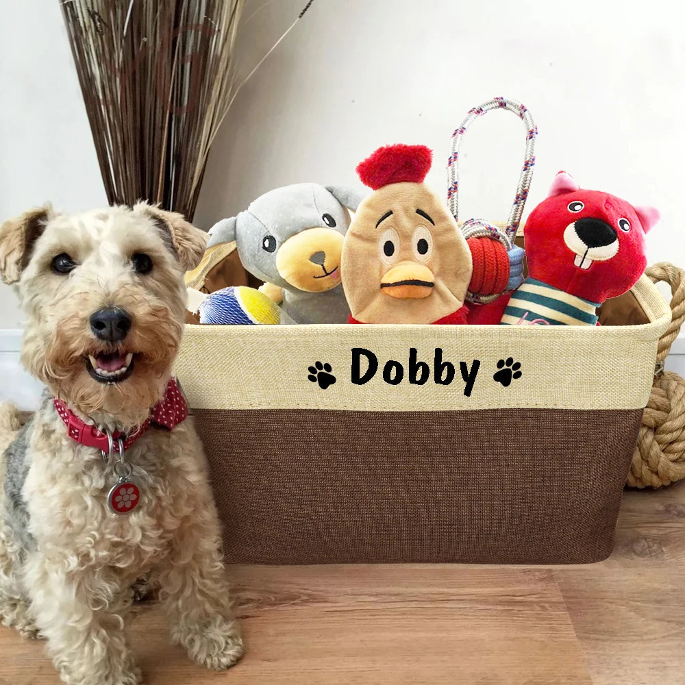Personalized Foldable Canvas Pet Toy Storage Basket for Dog Accessories and Supplies.