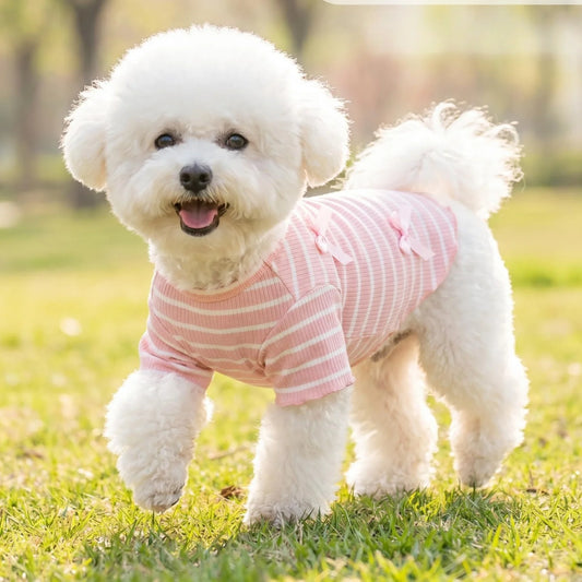 Striped Bow Tie Pet T-Shirt – Soft Ice Silk Breathable Spring & Summer Shirt for Small Dogs & Cats.