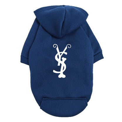 Trendy Puppy Hoodie – Blue Fleece Dog Sweatshirt with Fashion Logo, Warm Winter Outfit for Small & Medium Dogs.