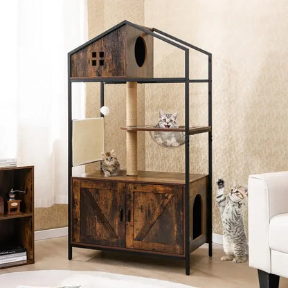 Industrial Cat Tree with Litter Box Enclosure – Multi-Level Cat Condo Furniture with Scratching Posts for Indoor Cats, Rustic Brown.