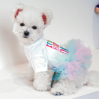 Layered Rainbow Veil Pet Dress – Princess Summer Outfit with Short Sleeves for Small Dogs & Cats, Perfect for Birthdays and Special Occasions.