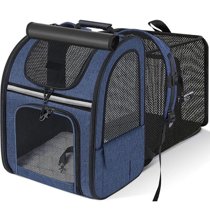 Expandable Cat Carrier Backpack – Breathable Mesh Pet Travel Bag with Shade Cover for Hiking, Camping & Outdoor Adventures.